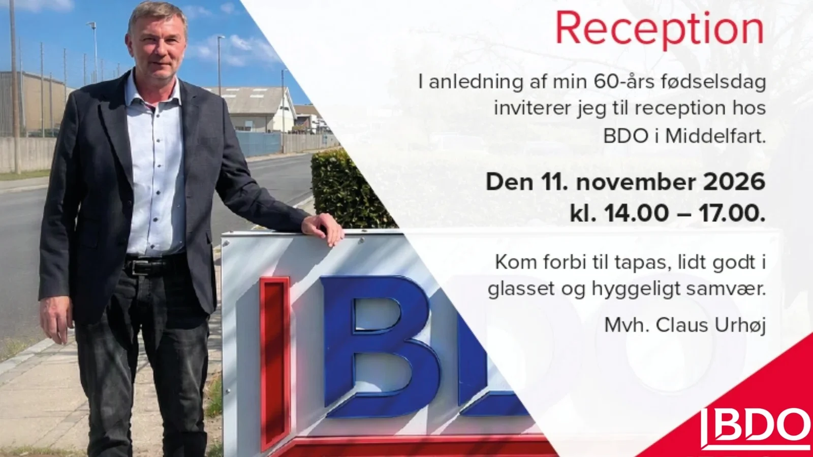 Claus Urhøj inviterer til reception hos BDO Middelfart i anledning af sin 60-års fødselsdag