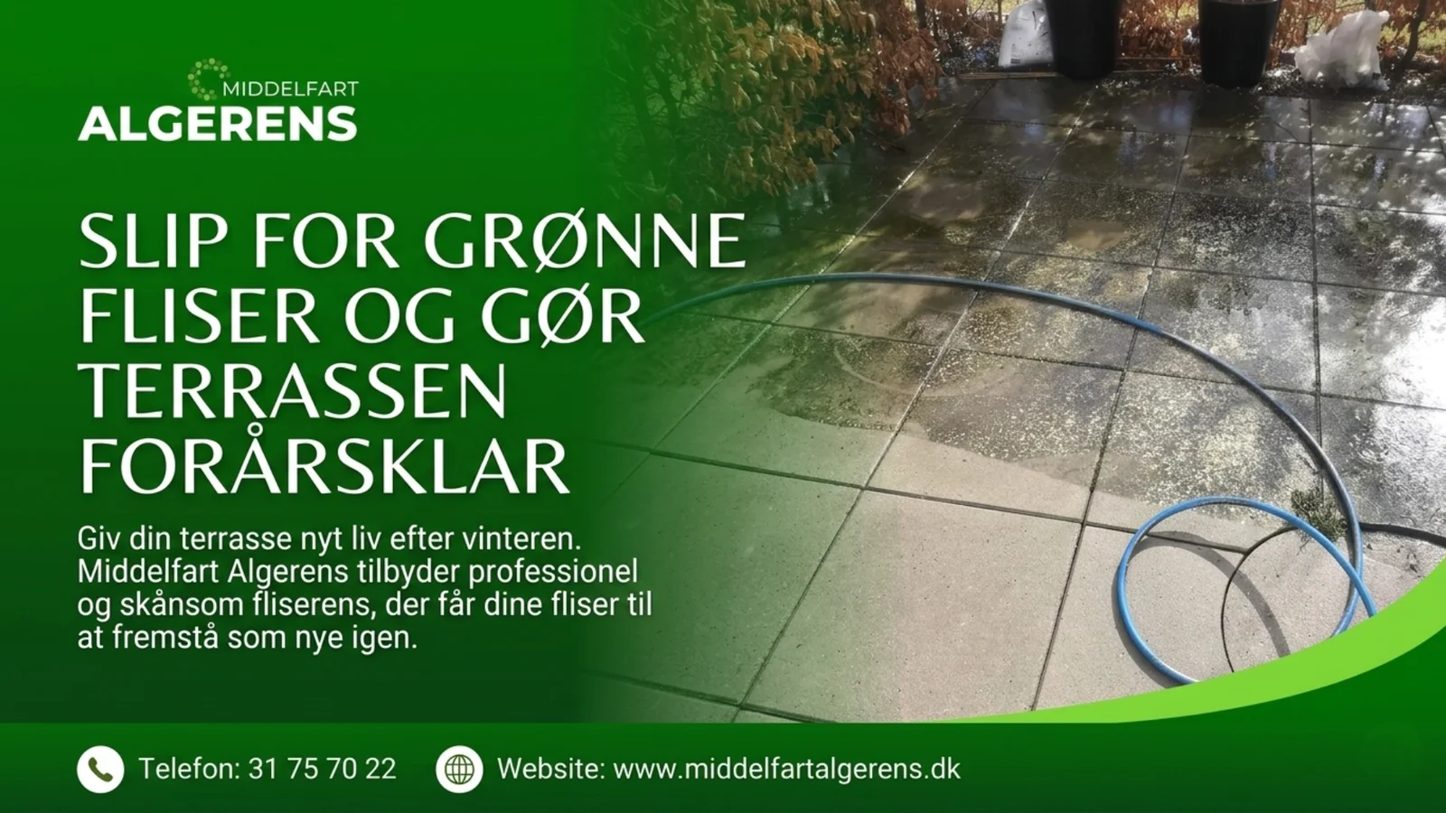 Slip for grønne fliser - Gør terrassen forårsklar med en fliserens fra Middelfart Algerens