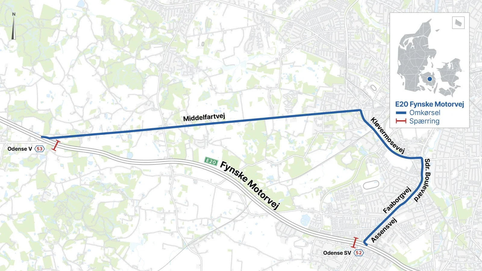 Motorvej E20 spærres i tre timer ved Odense V natten til 24. marts