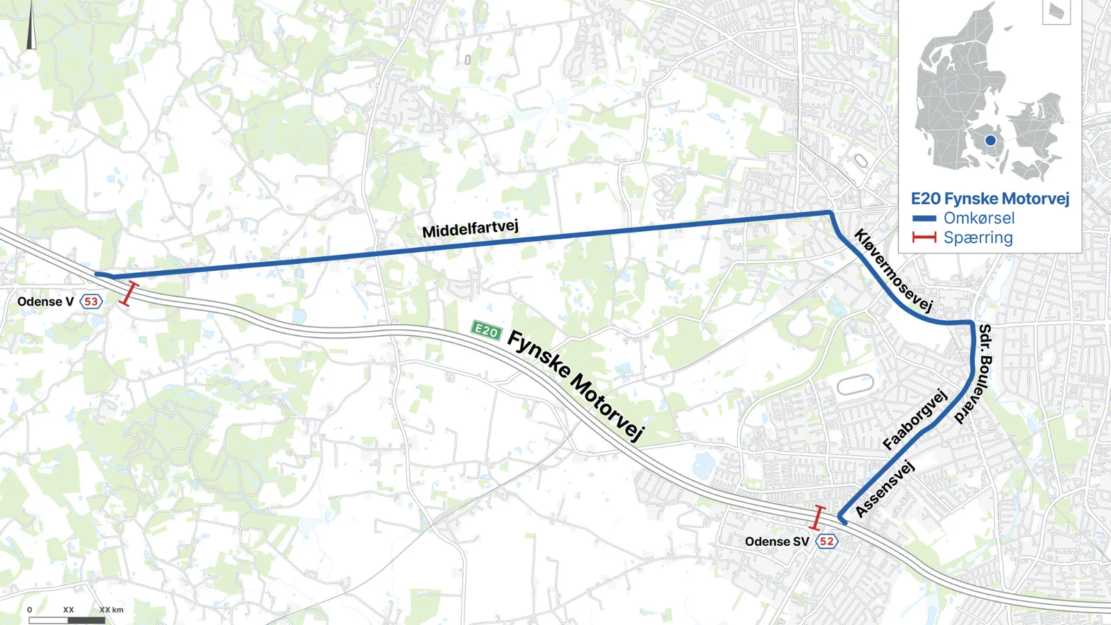 Motorvej E20 spærres kortvarigt ved Odense V natten til den 14. april
