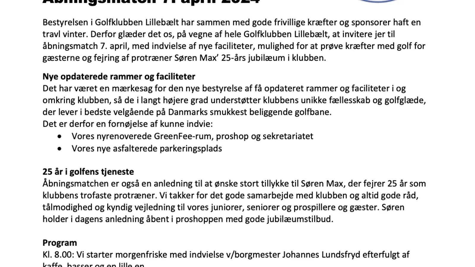 Åbningsmatch og jubilæum hos Golfklubben Lillebælt